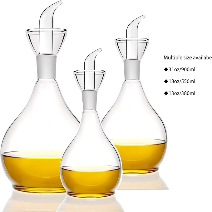 HAIZEEN 13ounce/ 380 ml Clear Glass Olive Oil Dispenser Bottle - Oil & Vinegar Cruet with Pourers and NO Funnel Needed - Olive Oil Carafe Decanter for Kitchen and BBQ