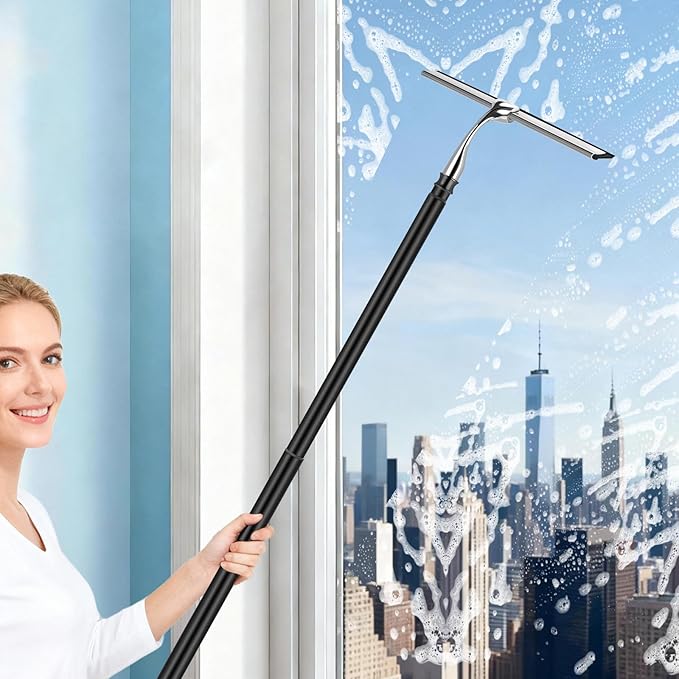 17'' - 60'' Metal Squeegee with Extension Pole for Window,Glass Door,Mirror, 12'' Wide Telescopic Shower Squeegee Cleaner with Long Handle