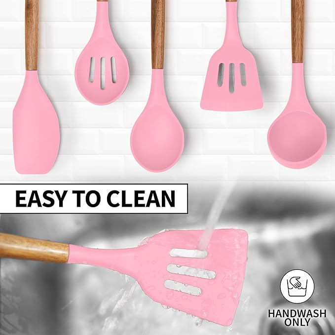 Zulay Kitchen Non-Stick Cooking Utensils Set with Authentic Acacia Wood Handles – 5-Piece Durable & Stylish Silicone Kitchen Utensils Set – Heat Resistant to 464°F – Pink