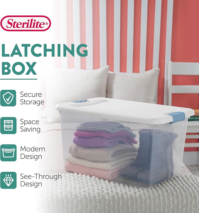 Sterilite 8-Pack 64 Quart Latching Box, Clear Plastic Storage Organizer Bins with White Lids - Large Stackable Containers for Home Bedroom, Dorm Room, and Closet Organization
