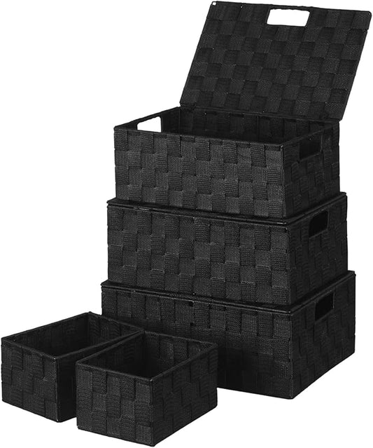 Woven Polypropylene Basket Set of 5, Woven Storage Basket, Woven Strap Baskets, Woven Basket Organizer for Bedroom, Bathroom, Office, Shelf, Dresser, Kitchen, Pantry, Black