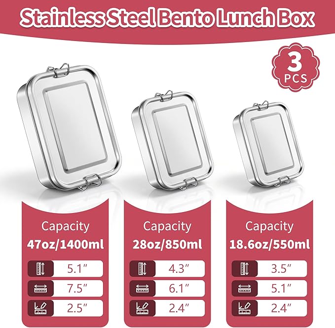 TeamFar Stainless Steel Bento Box, 3 Pack (18.6 & 28 & 47oz) Metal Lunch Box with 3 Compartments for Adults/Kids, Lunch Food Containers for School/Work/Meal Prep, Leak-Proof, 550ML+850ML+1400ML