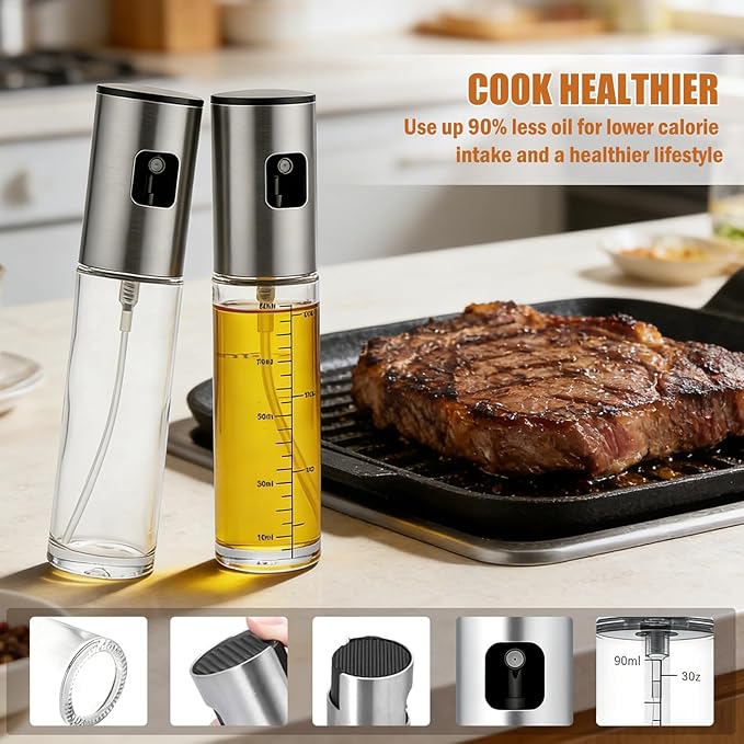 Oil Sprayer for Cooking, Upgraded 8 Pack Refillable Olive Oil Spray Bottle Mister with Brush for Air Fryer Oil Vinegar Portable Glass Kitchen Gadget for BBQ, Salad, Roasting, Grilling Local Stock