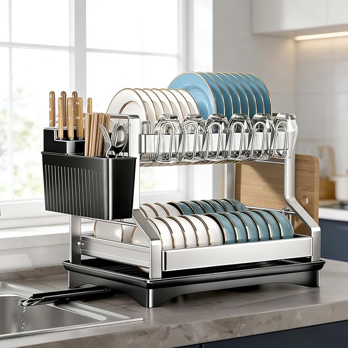 2Pcs Dish Drying Rack 2 Tiers, Stainless Steel Dish Drying Rack Stainless Steel Utensil Holder Large 2 Tier Dish Drainers for Kitchen Counter