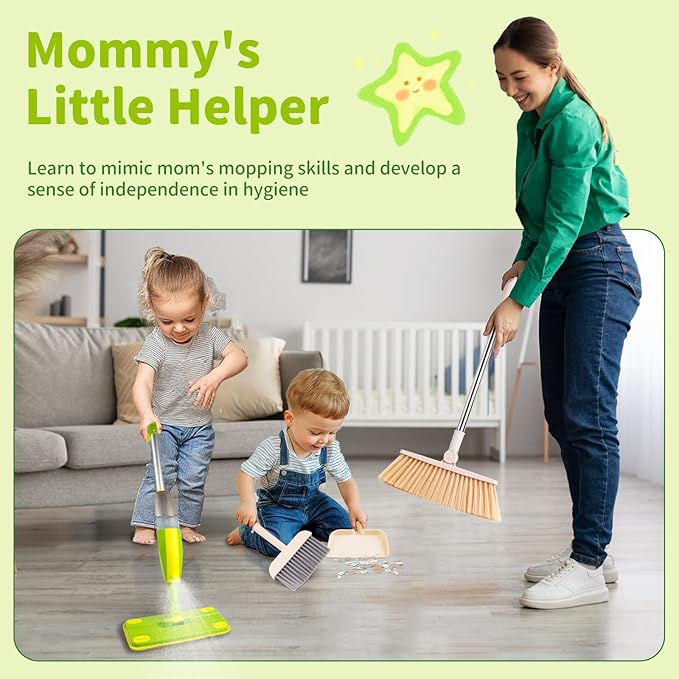 Kids Spray Mop,Toddler Mop Cleaning Set, Real Working Mini Mop & Kids Broom Dustpan Set, Housekeeping Pretend Play Toy, Montessori Kid Cleaning Toy Set Includes Organizer Clip -Green
