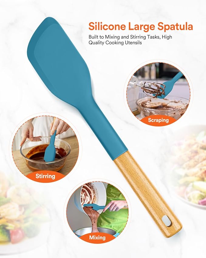 Silicone Everyday Spatula, Great For Stirring, Mixing And Scraping, Sturdy Bpa-Free Matte Silicone, Wooden Handle Rubber Scraper For Nonstick Cookwares (TURQ)