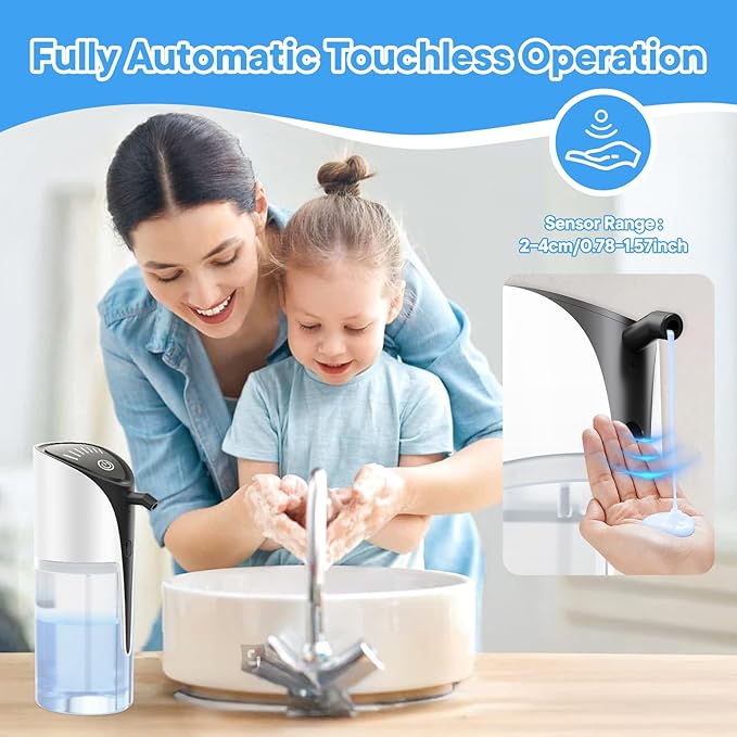 Automatic Liquid Soap Dispenser, 15.83 oz/450mL USB C Rechargeable Soap Dispenser, 7 Adjust Volume Touchless Hand Sanitizer Dispenser, Motion Sensor Waterproof Pump for Bathroom Kitchen (White)