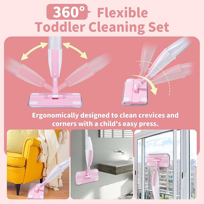 Kids Spray Mop,Fun & Functional Toddler Cleaning Set,Real Working Mop for Floors,Pretend Play – Includes Spray Bottle, 2 Washable Microfiber Pads, Montessori Kids Cleaning Toy Set -Pink