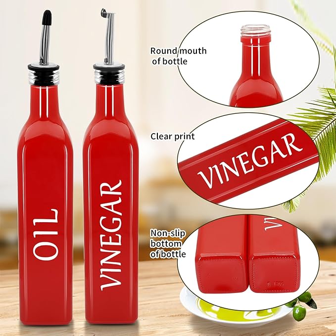 Olive Oil Dispenser Bottle,2 Pcs 17oz 500ml Glass O il and Vinegar Dispenser Set with 2 Stainless Steel Pourers, 8 Labels,Funnel Vinegar Bottles for Kitchen (Red)