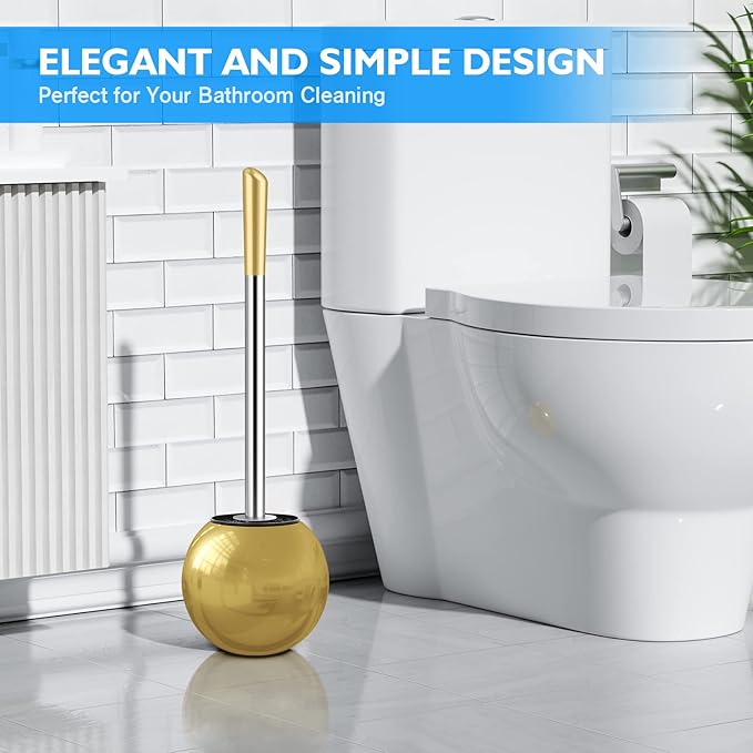 Toilet Brush and Holder 2 Pack, 304 Stainless Steel Toilet Brush with Extended and Durable Comfortable Brush Handle, Toilet Bowl Brush for Bathroom Toilet - Ergonomic, Pratical Durable (Gold)