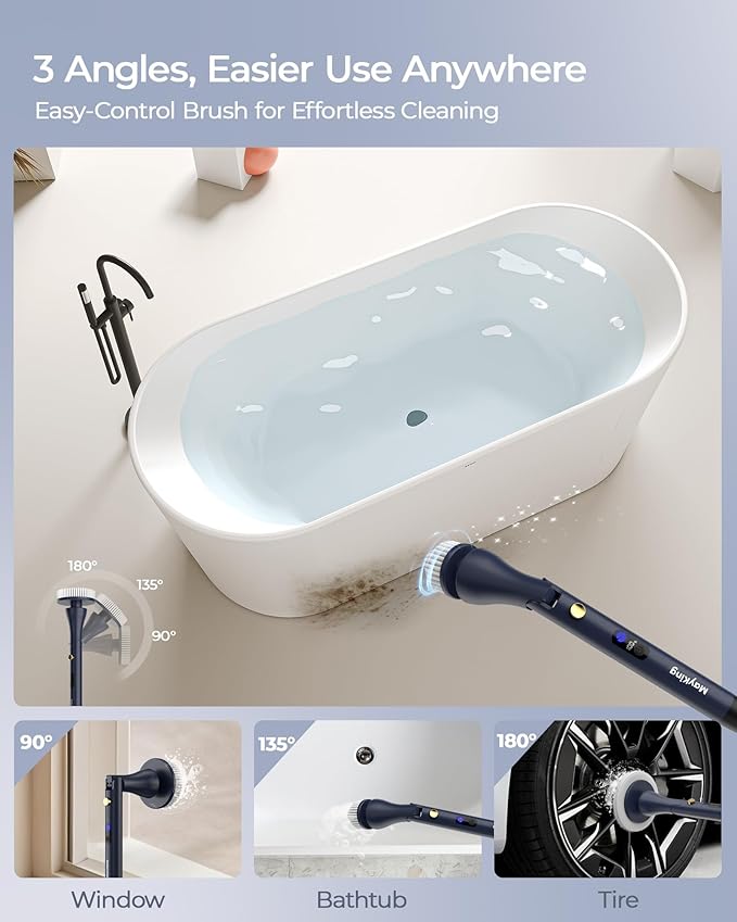 MayKing Electric Spin Scrubber with 9 Brush Heads, 3-Angle & 4-Length Adjustable Cordless Power Scrubber, 3-Speed & Battery LED Display, Electric Scrubber for Cleaning Bathroom Bathtub Floor Tiles