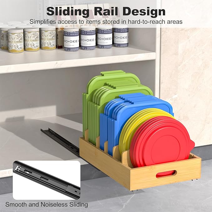 Housolution Pull Out Food Container Lid Organizer with Sliding Rail, Slide Out Plastic Lid Holder Compatible with Tupperware, Bamboo Storage Box with 5 Adjustable Dividers for Kitchen Cabinet, 2 Pack
