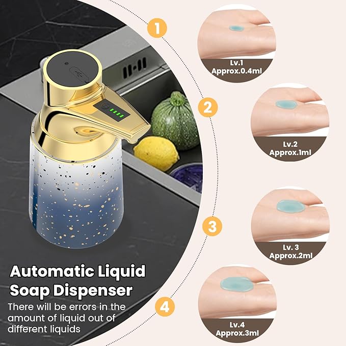 Automatic Liquid Soap Dispenser Touchless:350ML Ceramic Material -4 Level Adjustable Hand & Dish Electric Dispenser,Waterproof Type-c Rechargeable Auto Soap Pump for Bathroom,Kitchen