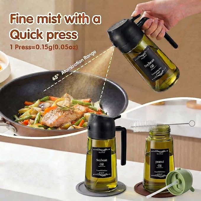 2pcs Oil Sprayer for Cooking;16oz/470ml 2 in 1 oil dispenser and oil sprayer;Light-Blocking Dark Green Glass Oil Bottle for Air Fryer, BBQ, Kitchen Gadgets with cleaning brush,Non-slip mat