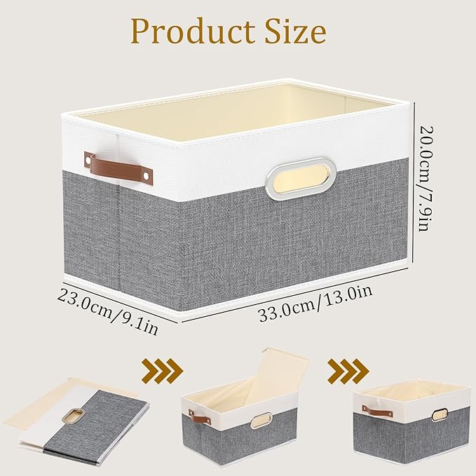Yawinhe Fabric Storage Baskets, Foldable Closet Organizer for Shelves, Large Boxes with 3 Handles, Canvas Bins for Clothes, White/Grey