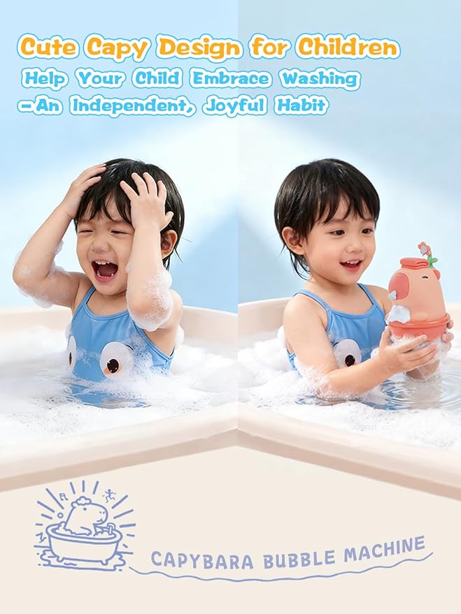 QANYI Automatic Bubble Foam Machine for Kids - Capybara Silicone Touchless Soap Dispenser, IPX7 Waterproof & Rechargeable, Fun Bath Toy to Encourage Child Hygiene from Hand Washing to Bath Time(Pink)
