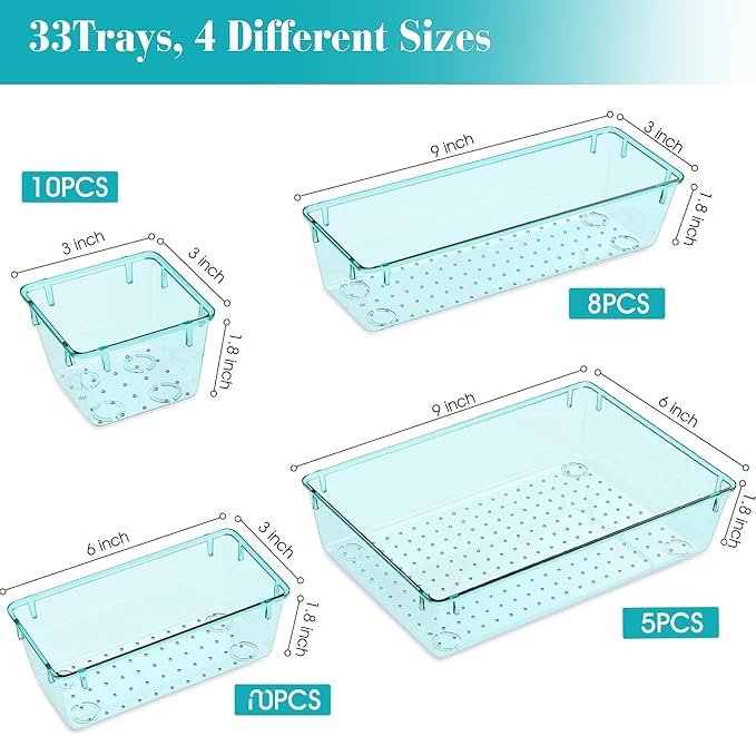 33 PCS Clear Plastic Drawer Organizers Set, Sea Blue