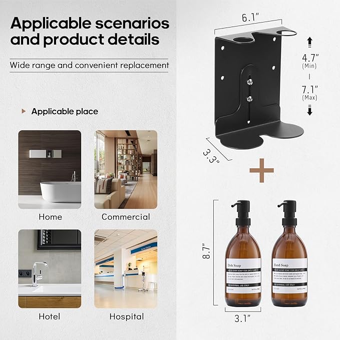 Wall Mount Soap Dispenser Holder with Adjustable Tray, 304 Stainless Steel Rustproof Shower Dispenser Holder for Refillable Bottles (Double)