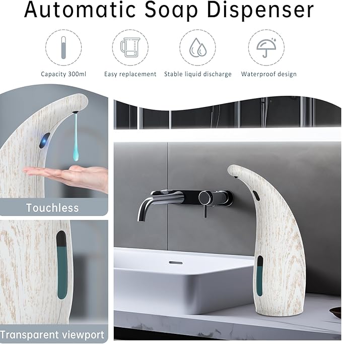 Automatic Liquid Soap Dispenser，300ML Touchless 4 Gear Adjustable,Countertop Electric Battery Operated Hand Soap Dispenser with Sensor for Bathroom,Kitchen,Office(White Wood Grain)