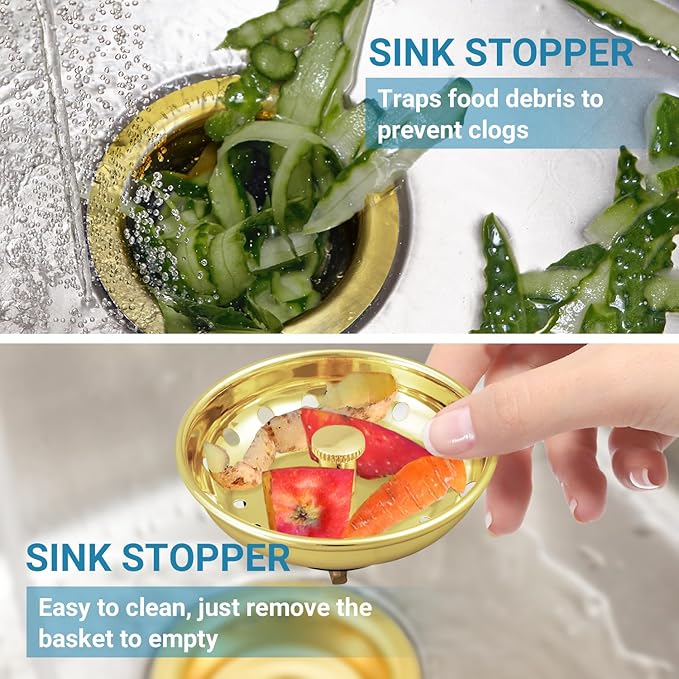 KONE Sink Drain Strainer Gold Sink Stopper and Strainer Stainless Steel Kitchen Sink Strainer Basket Replacement for 3-1/2 Inch Kitchen Sink