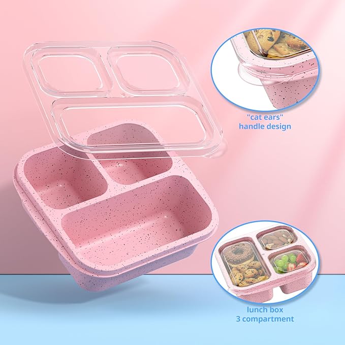 Snack Boxes (3 Pack) - Stackable Bento Boxes with 3 Compartments, Meal Prep Containers Reusable, Lightweight Lunch Containers for Kids and Adults