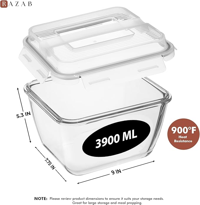Razab 17 Cups / 132 Oz / 3900ml Large Glass Food Storage Containers with Lids - Leakproof, BPA-Free Large Meal Prep Container Ideal for Roasting Turkey, Store Leftover - Microwave & Oven Safe