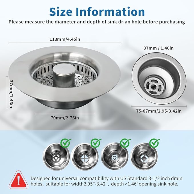 The Ultimate Kitchen Sink Solution: 3-in-1 Drain Strainer & Stopper. 304 Stainless Steel, Anti-Clogging, Anti-Odor for US Standard Drains. Easy Clean! (2)