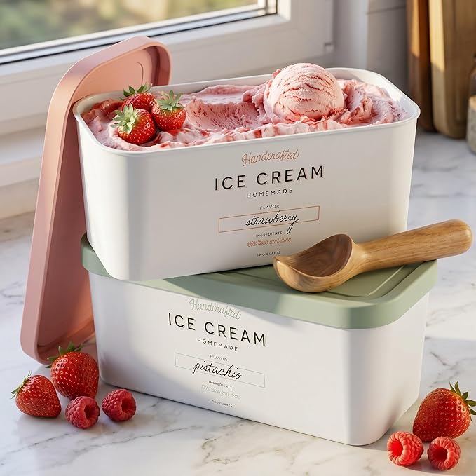 ZICOTO Set of 2 Reusable Ice Cream Tub Containers 2 Quart Each - Perfect for Homemade Sorbet, Frozen Yogurt Or Gelato - Stackable Storage Containers, Stickers And Lids Stores Easily In Freezer