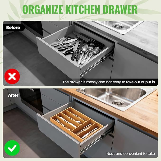 Bamboo Silverware Organizer, 15.8"x9.5"x1.6"