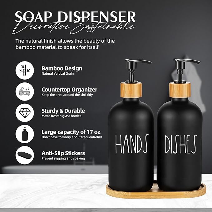 Arktek Glass Soap Dispenser Set with Tray, 2 Pack Hand and Dish Soap Dispenser Set for Bathroom and Kitchen Bottle Dispenser with Dish Soap, Hand Soap, Lotion 17 Oz (2 Black)