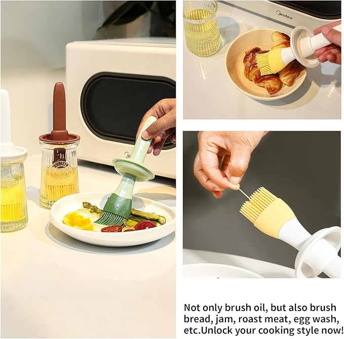 Oil Dispenser with Brush - Glass Olive Oil Dispenser for Kitchen, 3 IN 1 Oil Dispenser Bottle with Silicone Basting Brush for Cooking Vinegar Sauce BBQ Grill Frying (Green/White)