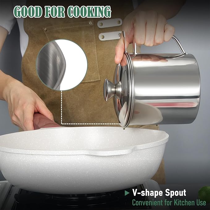 Tellshun Bacon Grease Container with Strainer 1.25 L / 42 oz Strong Kitchen Catcher Food-grade Stainless Steel Cooking Oil Keeper with Lid and Easy-Grip Handle Suitable for Storing Frying Oil