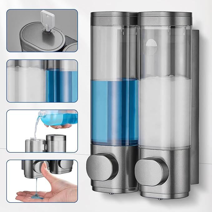 Shampoo and Conditioner Dispenser 2 Chamber No Drill, Shower Soap Pump Dispenser Wall Mounted, Body Wash Dispenser for Shower, Shower Gel Dispenser Shampoo Holder for Bathroom Accessories, Gungrey