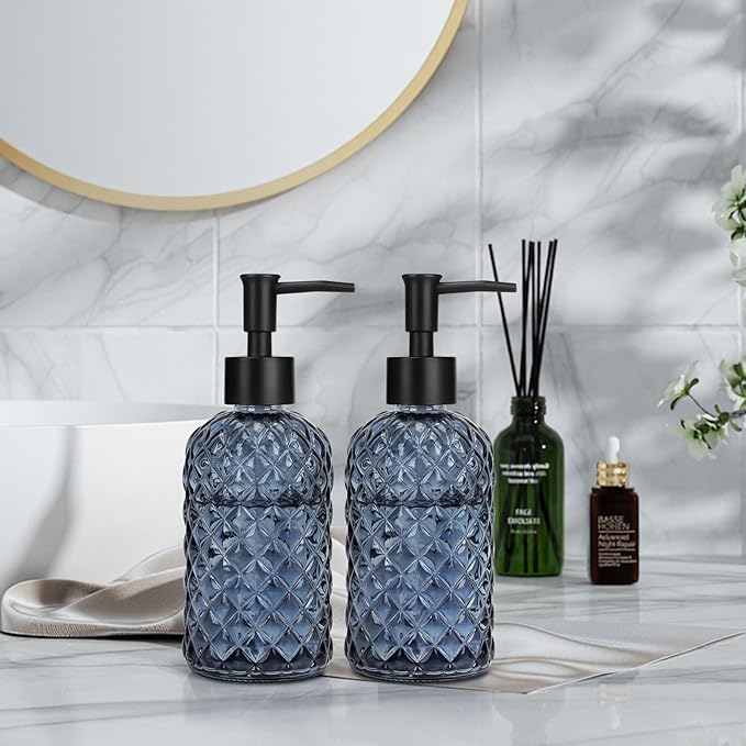13.5Oz Gem Design Soap Dispenser with Plastic Pump, Refillable Glass Soap Dispenser for Hand Soap, Dish Soap, Lotion (Blue Grey)
