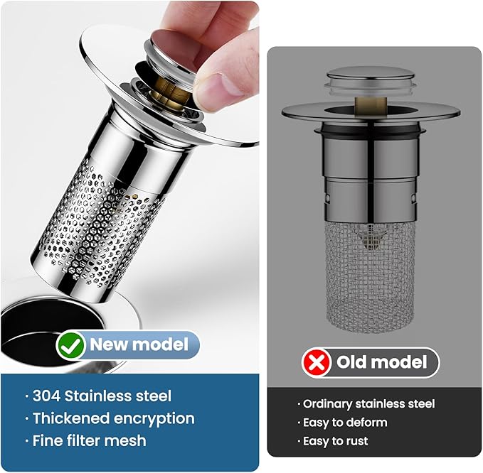 Bathroom Sink Drain Strainer，Pop Up Sink Drain Filter with Removable Stainless Steel Filter Basket Hair Catcher，Bathroom Drain Stopper Sink Plug