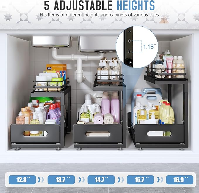 Under Sink Organizer Upgrade To Professional Rails,2-Tier Dual Pull Out Cabinet Storage,Height Adjustable Slide Out Drawers For Bathroom Kitchen
