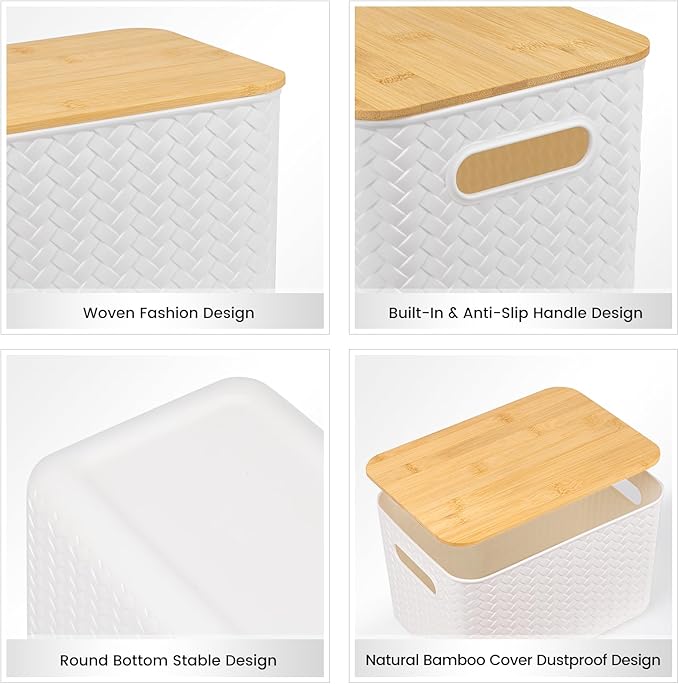 Ohmlove 4 Packs Storage Bins with Bamboo Lids - Plastic Storage Containers with Lids Stackable Storage Box：Storages Baskets for Organizing Desktop