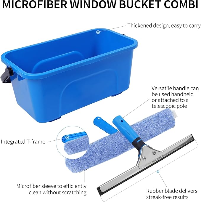 Squeegee for Window Cleaning,Window Cleaning Squeegee kit with Bucket&Microfiber Scrubber,Bathroom,Shower Doors,Mirrors,Tiles,and Car Windows Blue