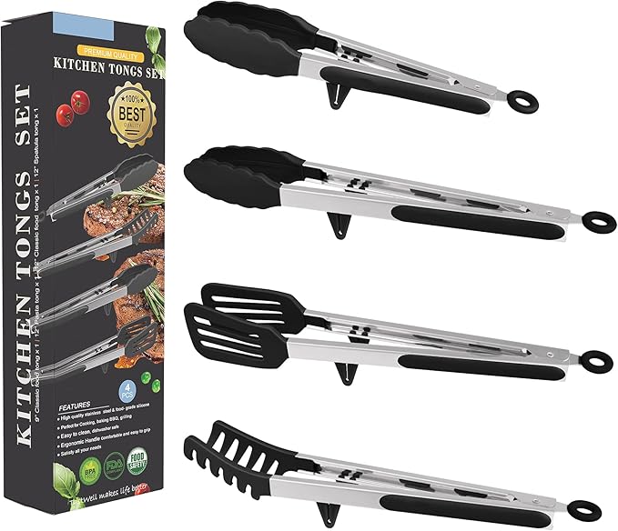 4in1 Stainless Steel Kitchen Food Tongs Set for Cooking with Silicone Tips, Toaster Steak Pie Pizza Pasta Spaghetti Noodles Salad Fruit Vegetable Grill BBQ Buffet Clamp Serving Tools Gadgets