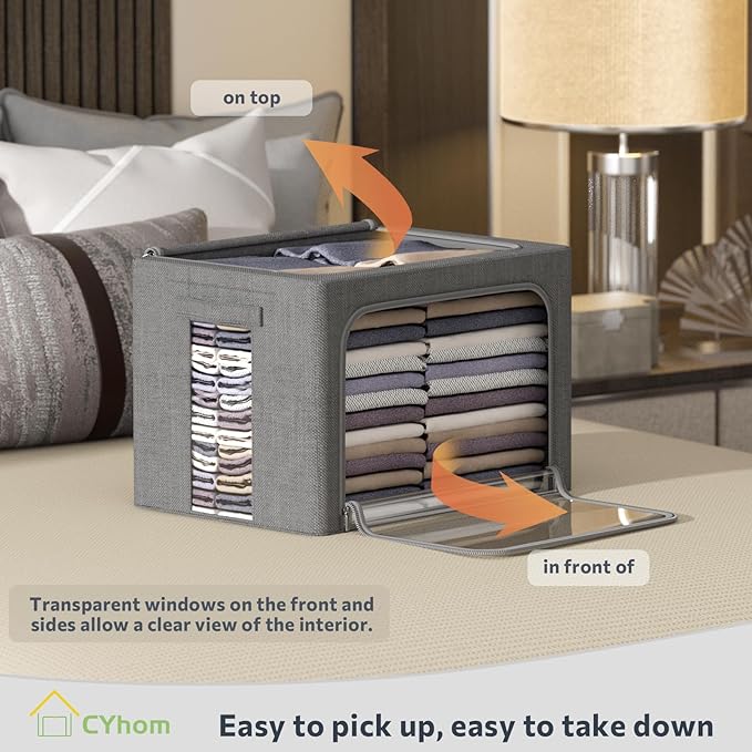 Clothes Storage Bins Box - Linen Fabric Foldable Stackable Container Organizer Set with Clear Window & Carry Handles & Metal Frame - 2Pack Large Capacity for Bedding, Blankets, Books