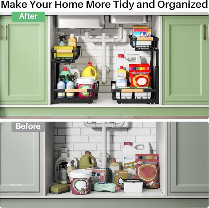 Kitstorack Under Sink Organizer, 2 Tier Under the Sink Storage, Slide out Pull out Cabinet Organizer Shelf