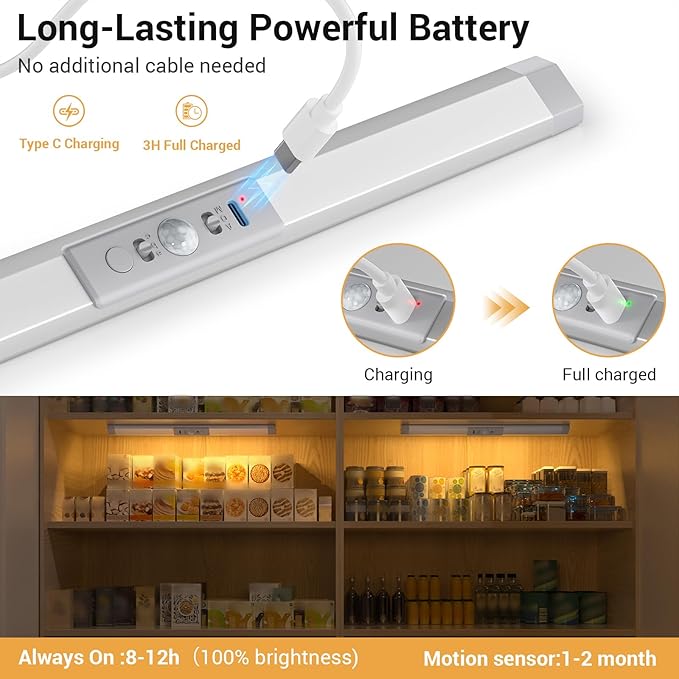 WOBANE Closet Lights Motion Sensored with Eye-Protection,Rechargeable LED Wardrobe Lighting with 3 Color,12 inch Dimmable Wireless Battery Operated Light Indoor for Stair,Pantry,Hallway,900mAh,3PCS