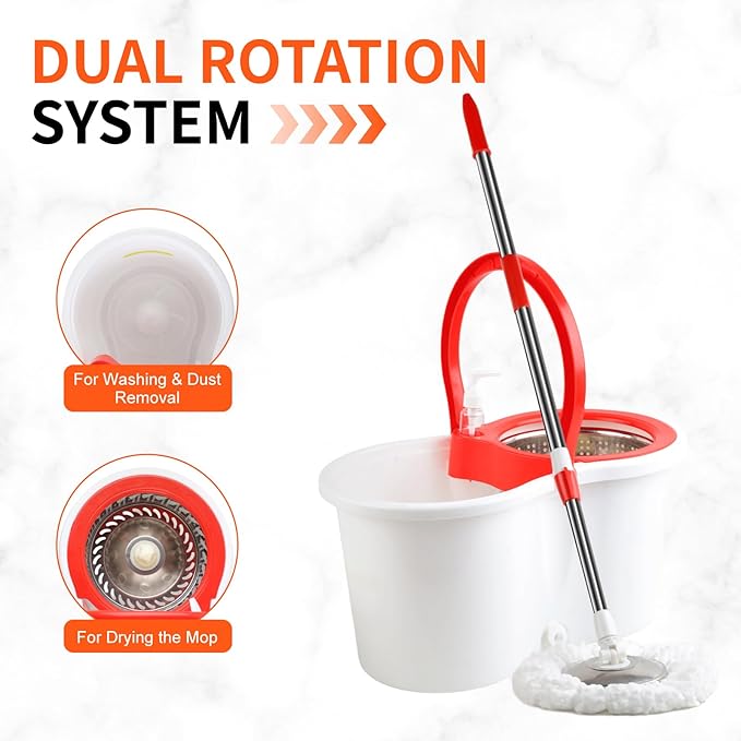 Spin Mop and Bucket with Wringer Set, 360° Spinning Mop Bucket System with 6 Microfiber Mop Floor Scrub Brush and 61" Stainless Steel Adjustable Handle for Floor Cleaning