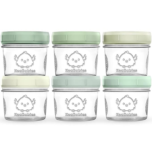 KeaBabies 6pk 4oz Glass Baby Food Containers with Lids - Leak-Proof, Microwavable Small Glass Jars, Baby Purees & Toddler Snack Storage Containers