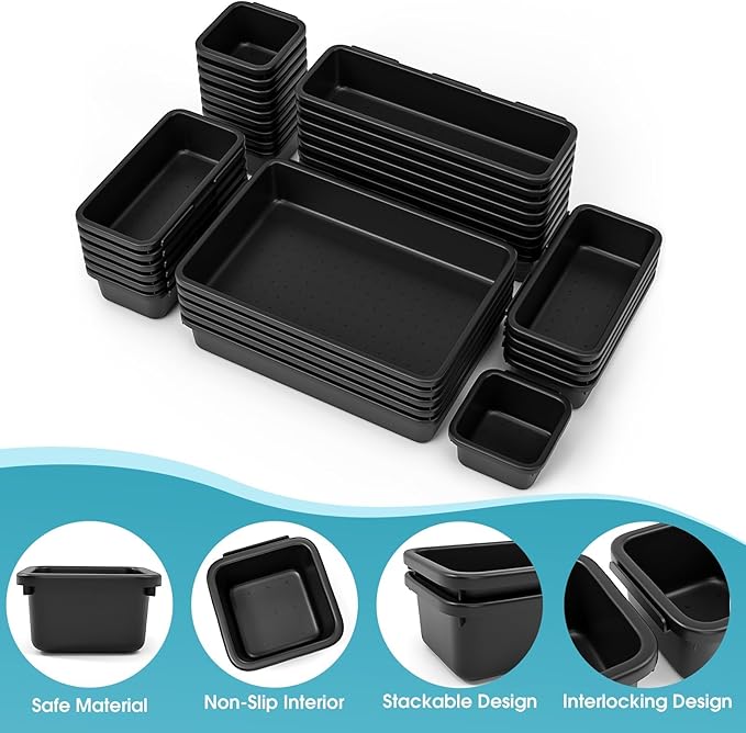 33 PCS Drawer Organizer Set, 4 Size Makeup Drawer Divider Organizer With Non-Slip Pads, Interlocking Plastic Storage Bins for Office,Jewelry Vanity,Gadgets, Bathroom,Kitchen, Black