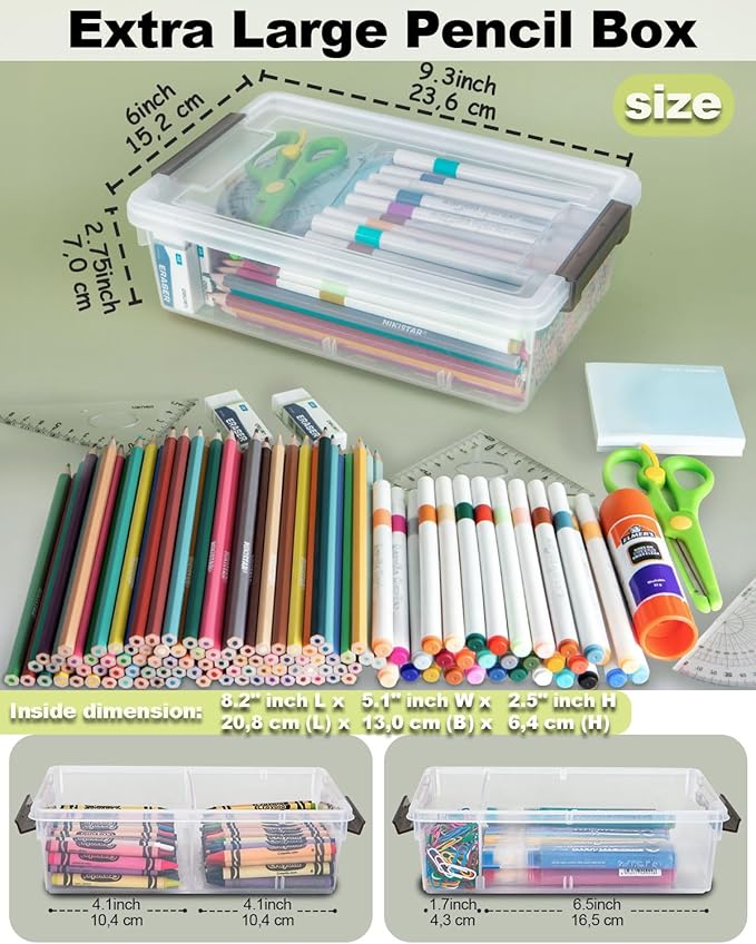 6 Pack Extra Large Pencil Box with Removable Divider, Thickened Pencil Case Bulk, Clear Crayon Marker Organizer Stackable Plastic Small Storage Containers for Pen Craft School Supplies(Grey)