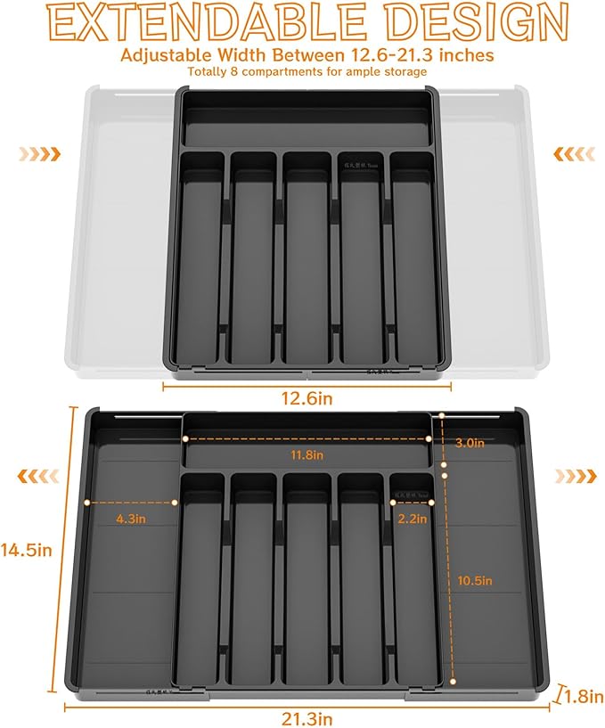 Black Expandable Silverware Drawer Organizer, Adjust From 11'' to 22'', Knife