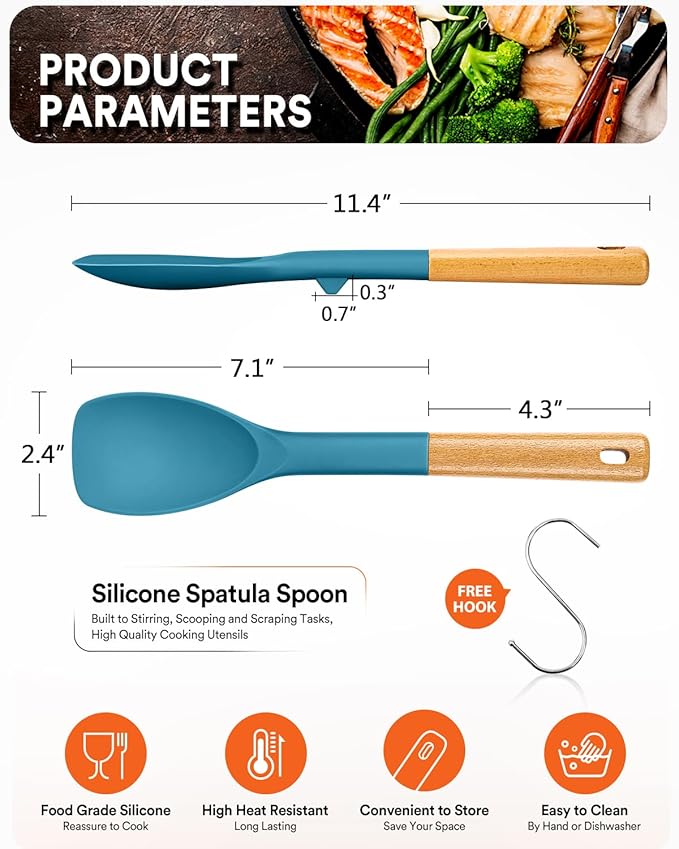 Silicone Spoonula Spatula, Great For Stirring, Scraping And Folding, Sturdy Bpa-Free Matte Silicone, Wooden Handle Rubber Spoon For Nonstick Cookwares (TURQ)