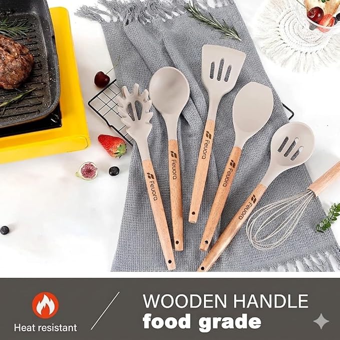 Silicone Kitchen Cooking Utensils Set, 33pcs – 446°F Heat Resistant, Non-stick, BPA-Free, Wooden Handles, Spatula, Turner, Tongs, Spoon, Brush, Whisk – Essential Cooking Gadgets (Khaki)