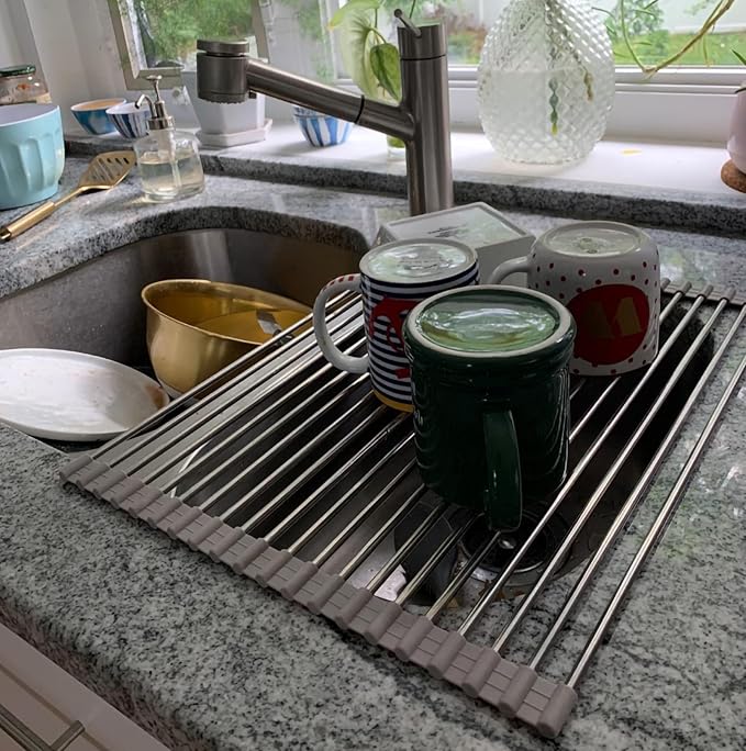 Ahyuan Roll up Dish Drying Rack Over The Sink Kitchen Roll up Sink Drying Rack Stainless Still Portable Drainer Foldable Dish Rack (Warm Gray, 17.8''X13.5'')